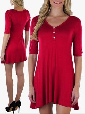 Zenana Outfitters Red V-Neck Button Swing Tunic/Dress